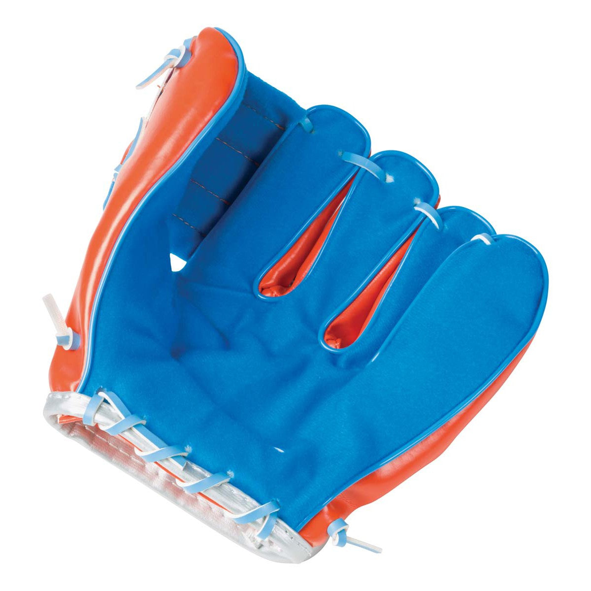 A close-up of the GO! Play Easy Catch Ball & Glove by GO! Play, featuring blue and orange colors with white laces, shown palm up against a white background—ideal for outdoor games.