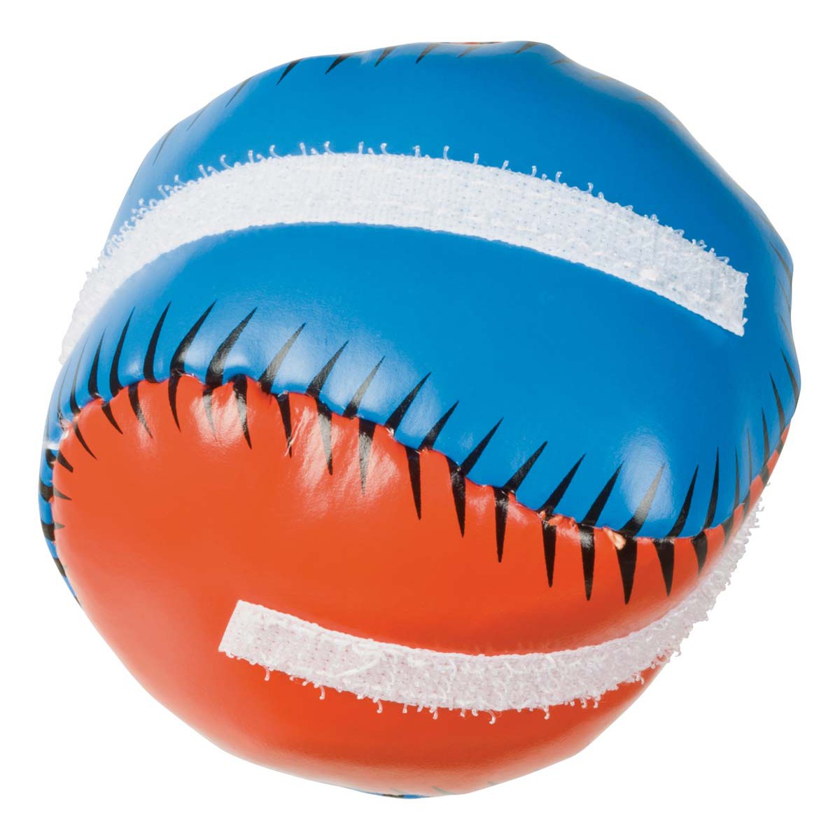 The GO! Play Easy Catch Ball & Glove by GO! Play features a blue and orange ball with black stitching and two white fuzzy Velcro strips, perfect for outdoor games, shown on a white background.