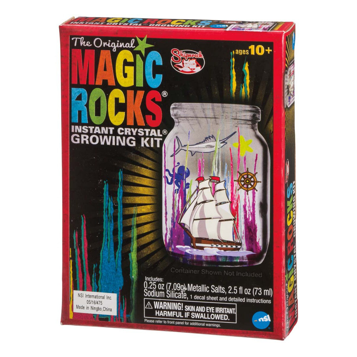 Front of an NSI The Original Magic Rocks Crystal Growing Kit box, featuring colorful ocean-themed crystals in a jar with ship and sea stickers. Kit is for ages 10+ and includes a warning about swallowing.