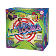 Colorful box for the “We’re Always Thinking Airzooka Black” by We’re Always Thinking, with a man reacting to an air blast, a girl aiming the device, bold text, and a tagline stating it shoots air up to 50 feet over a red and white target background.
