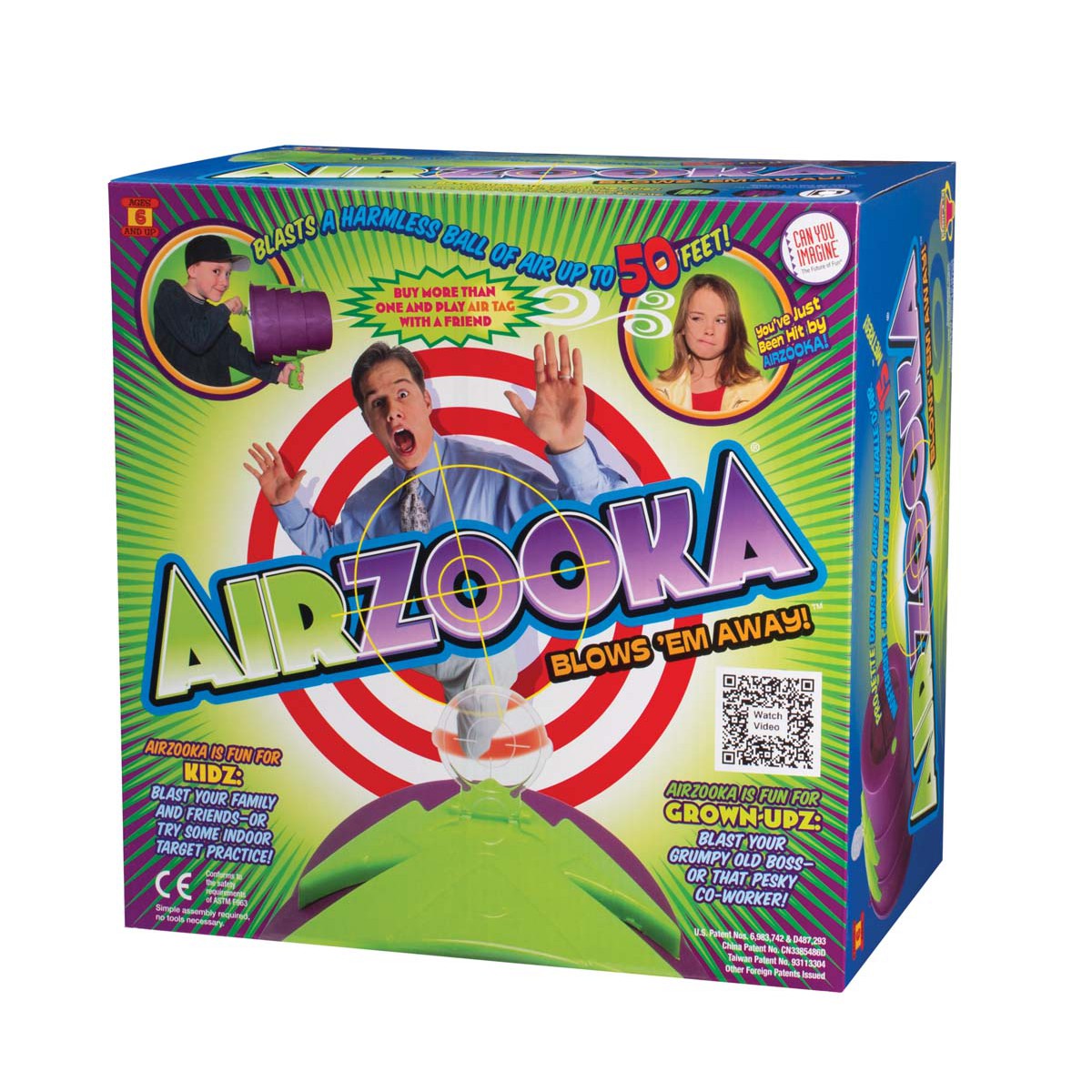 Colorful box for the “We’re Always Thinking Airzooka Black” by We’re Always Thinking, with a man reacting to an air blast, a girl aiming the device, bold text, and a tagline stating it shoots air up to 50 feet over a red and white target background.
