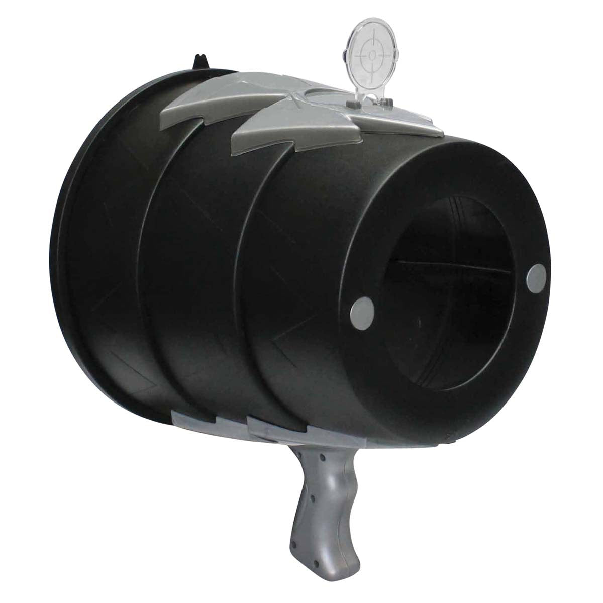 The We're Always Thinking Airzooka Black is a hand-held air-blaster toy with a black and gray cylindrical barrel, pistol grip handle, and clear plastic sight—ideal for playful air launching fun.
