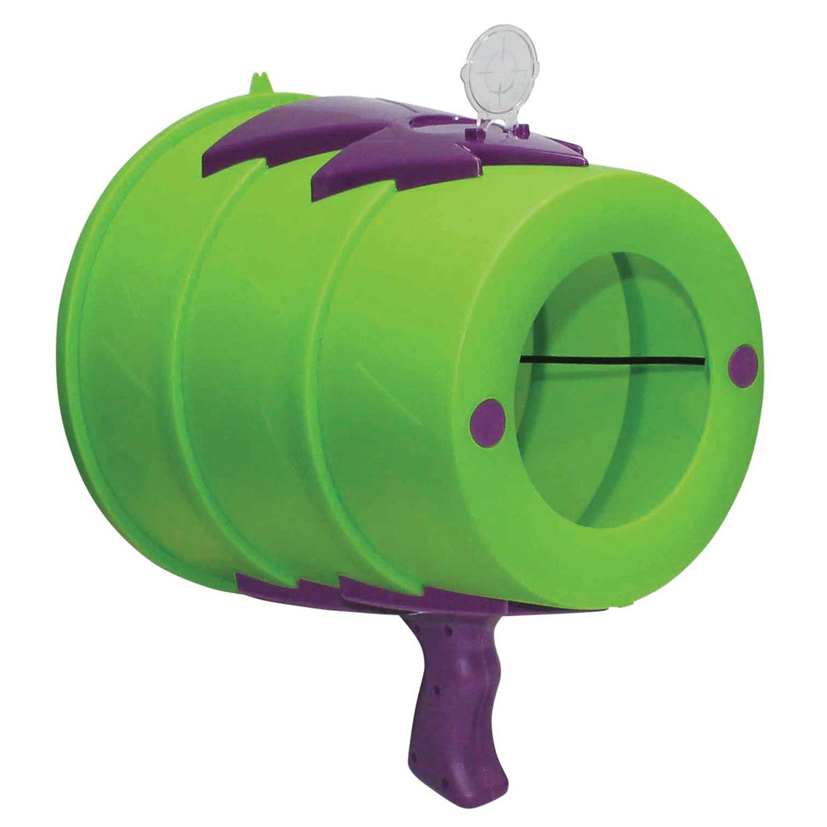 The We're Always Thinking Airzooka Green by We're Always Thinking is a green and purple air-blaster toy with a circular barrel, handle, and clear aiming sight on top.
