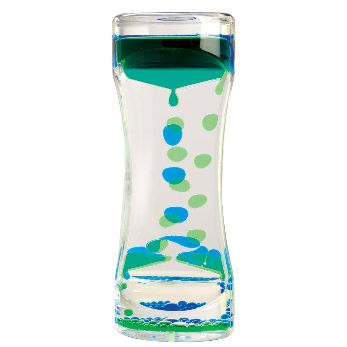The Toysmith Liquid Motion Bubbler by Toysmith features an hourglass shape with blue and green droplets that slowly fall through water, creating soothing bubbles and patterns for visual relaxation.