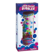 The Toysmith Liquid Motion Bubbler features pink, blue, and green liquid bubbles in a clear tube for visual relaxation. Packaged in a box with playful bubble graphics and “Liquid Motion Bubbler” text. Brand: Toysmith.