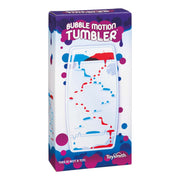 The Toysmith Bubble Motion Tumbler features colorful red and blue bubbles in motion inside a clear tumbler. Packaged in a box labeled "Bubble Motion Tumbler," it's ideal for visual relaxation. Brand: Toysmith.