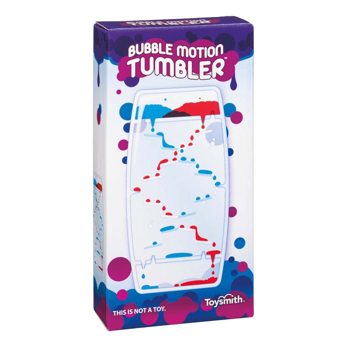 The Toysmith Bubble Motion Tumbler features colorful red and blue bubbles in motion inside a clear tumbler. Packaged in a box labeled "Bubble Motion Tumbler," it's ideal for visual relaxation. Brand: Toysmith.