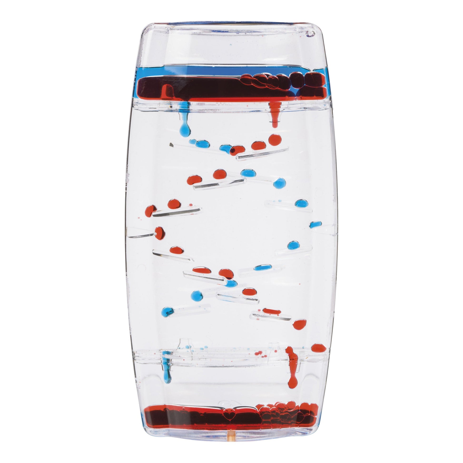 The Toysmith Bubble Motion Tumbler by Toysmith is a clear upright timer with red and blue liquids that drip down staggered ramps for a calming visual relaxation effect.