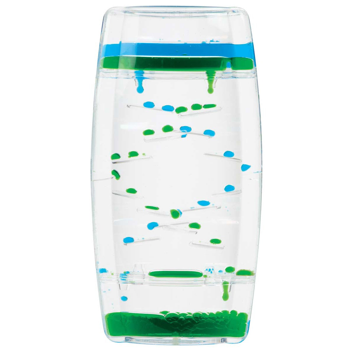 The Toysmith Bubble Motion Tumbler features green and blue droplets slowly zigzagging down ramps, creating a calming, mesmerizing visual effect as the colorful liquids move for relaxation.