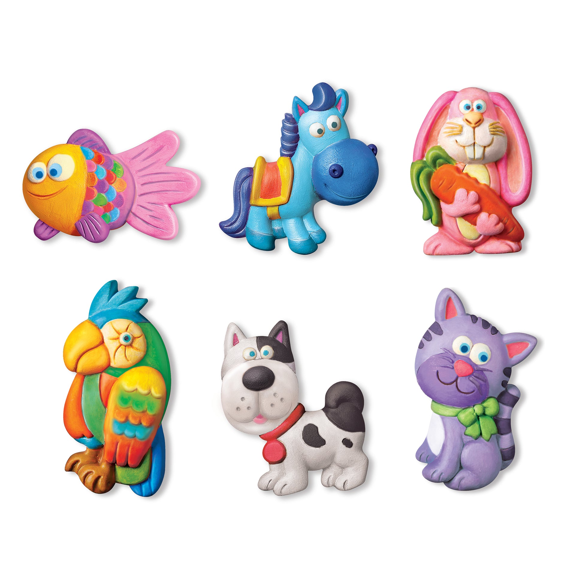 The 4M-Craft Mould & Paint Cute Pets kit by 4M-Craft features six vibrantly painted clay figures—fish, horse, bunny (top row) and parrot, dog, cat (bottom row)—all crafted from pet molds with playful expressions.