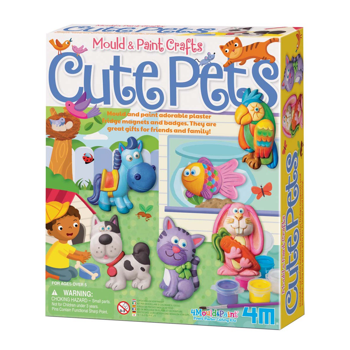 The 4M-Craft Mould & Paint Cute Pets set features colorful molds (cat, dog, parrot, rabbit) and lets kids create adorable magnets and badges. Package displays painted pet samples. Brand: 4M-Craft.