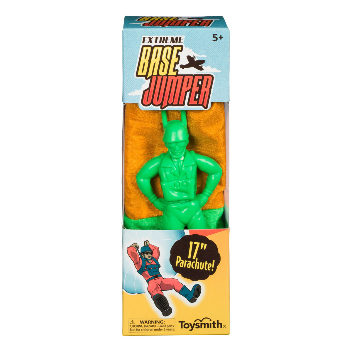 The Toysmith Base Jumper is a packaged toy for ages 5+ featuring a green plastic parachute man with an orange 17-inch parachute, perfect for outdoor play from the trusted Toysmith brand.