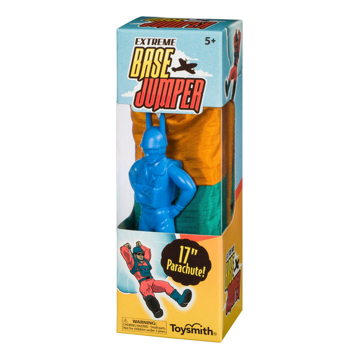 The Toysmith Base Jumper is a boxed toy for ages 5+, featuring a blue plastic parachute man with a 17-inch parachute. Its colorful Toysmith packaging encourages outdoor play and adventure.
