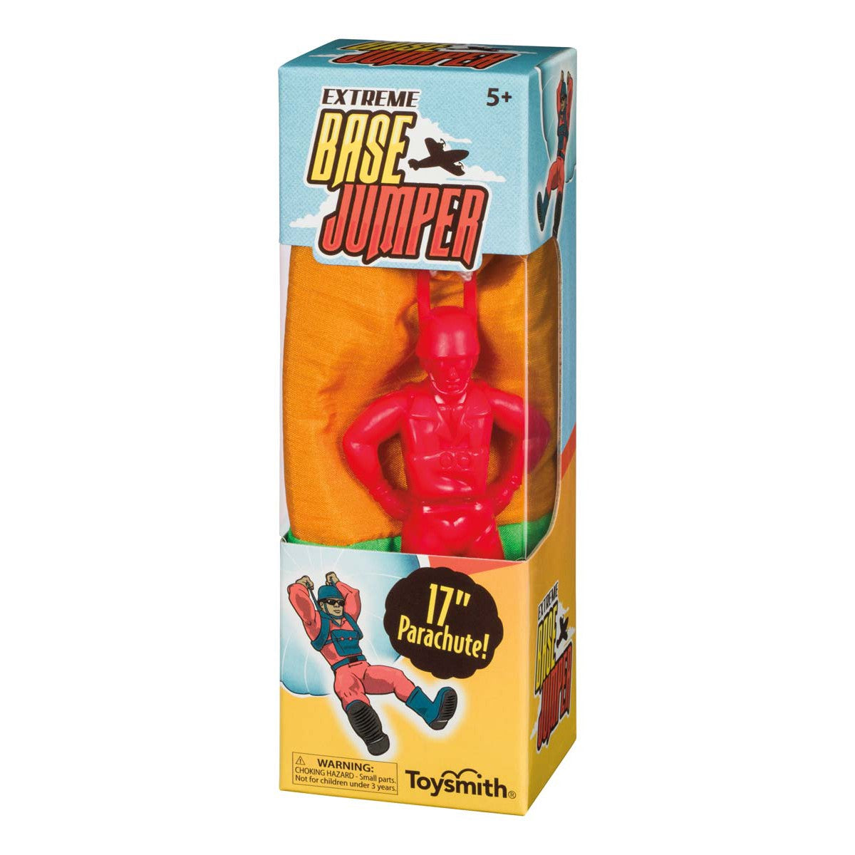 The Toysmith Base Jumper includes a red plastic parachute man with an orange 17-inch parachute. Perfect for outdoor play, this Toysmith toy is recommended for ages 5 and up.
