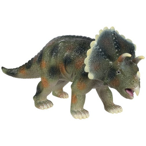 The Toysmith Soft Dinosaurs Triceratops by Toysmith features a textured green and brown body, three horns, and an open mouth, ideal for dinosaur enthusiasts and sensory play.
