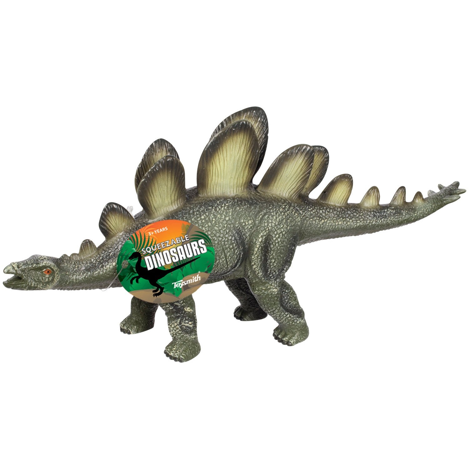 The Toysmith Soft Dinosaurs by Toysmith is a gray stegosaurus with textured skin and bony plates, standing on four legs. This squeezable toy is perfect for sensory play and features a round green "Squeezable Dinosaurs" label.