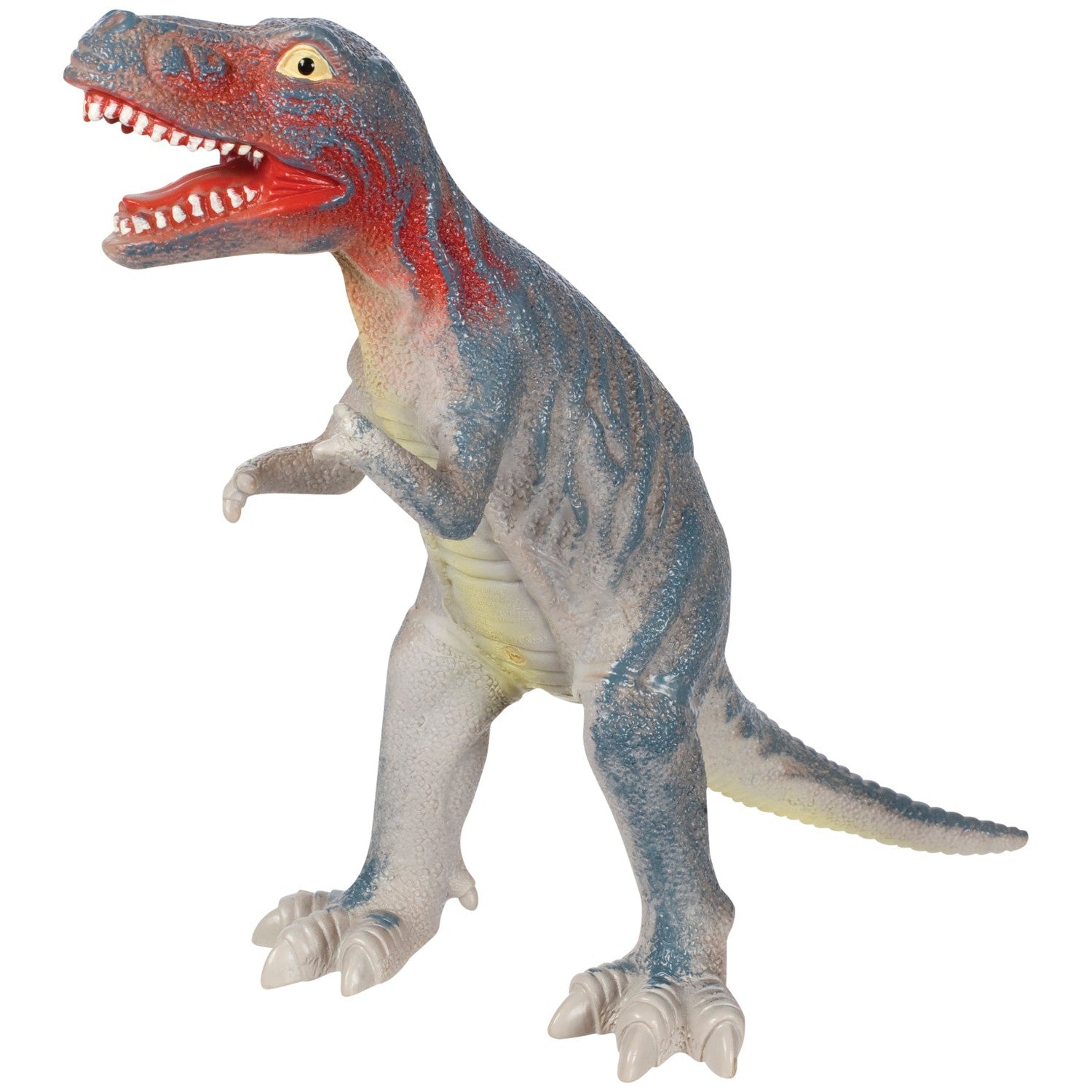 The Toysmith Soft Dinosaurs by Toysmith is a plastic dinosaur toy with blue and gray skin, red markings on its head and neck, an open mouth with teeth, and stands upright on two legs—perfect for sensory play.