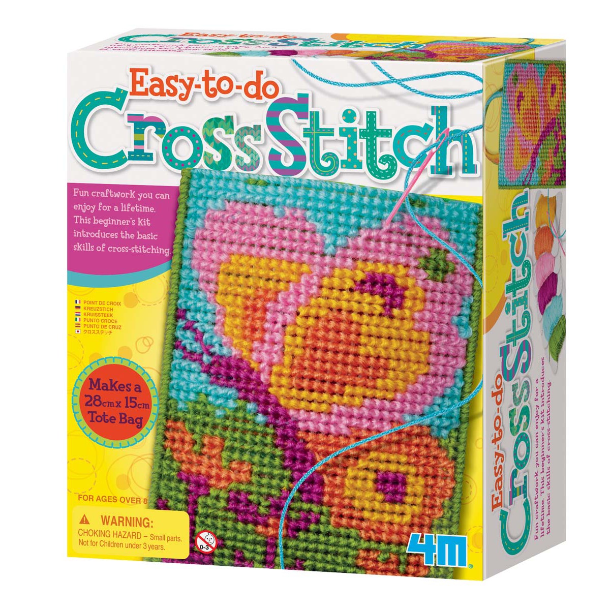 The 4M-Craft Easy To Do Cross Stitch kit includes colorful designs like a butterfly and heart, lets beginners sew a 28cm x 15cm tote bag with plastic canvas, and is recommended for ages over 8. Brand: 4M-Craft.