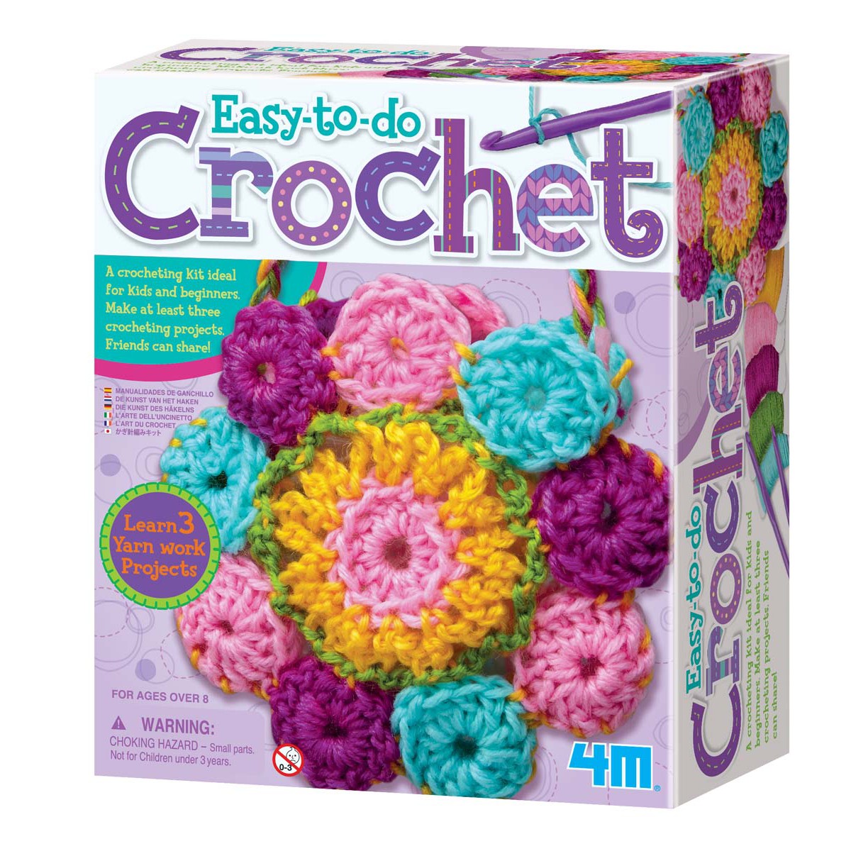 The 4M-Craft Easy To Do Crochet kit features vibrant yarn, crochet hooks, and materials to create at least three projects with crocheted flowers. Ideal for ages 8+, this colorful set is perfect for young crafters.