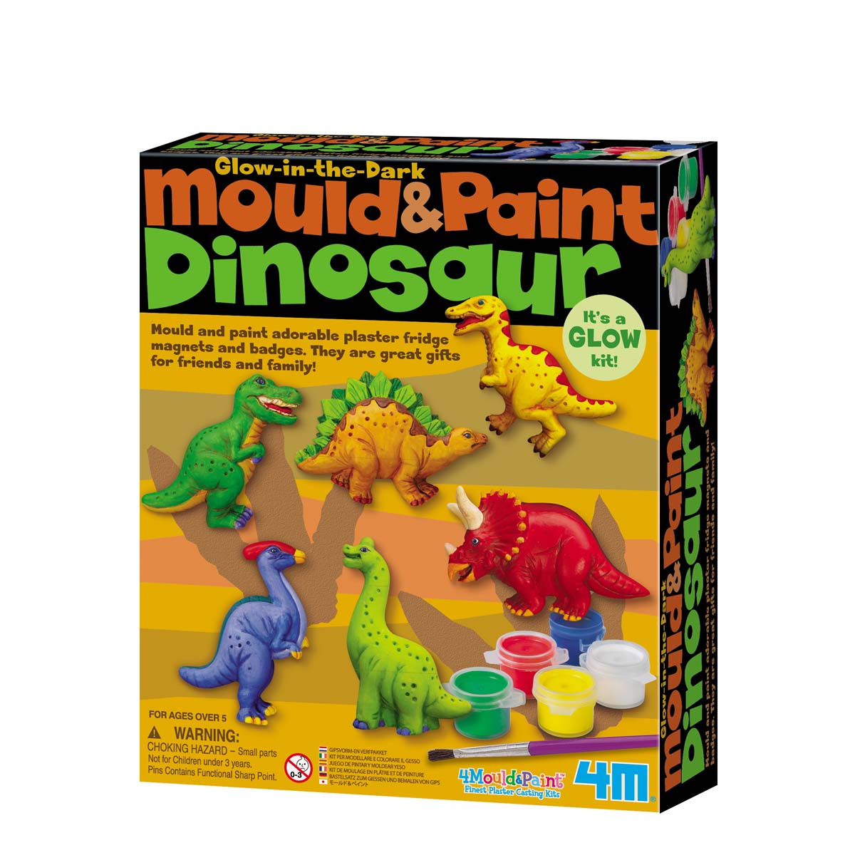 The 4M-Craft Mould & Paint Glow Dinos kit lets you create glow-in-the-dark dinosaur fridge magnets and badges. The colorful box by 4M-Craft includes dino molds, paints, a brush, and everything needed for fun crafting.