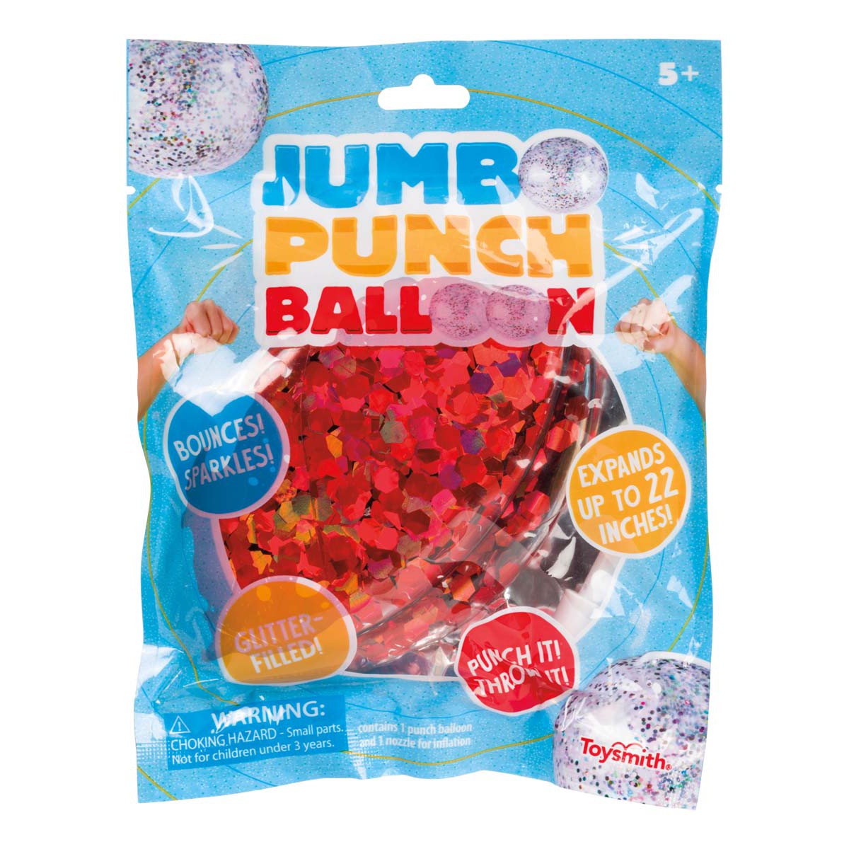 The Toysmith Jumbo Punch Balloon by Toysmith is glitter-filled with red sparkles, bounces, and expands up to 22 inches. Perfect for ages 5+, this fun balloon brings sparkling excitement to playtime.