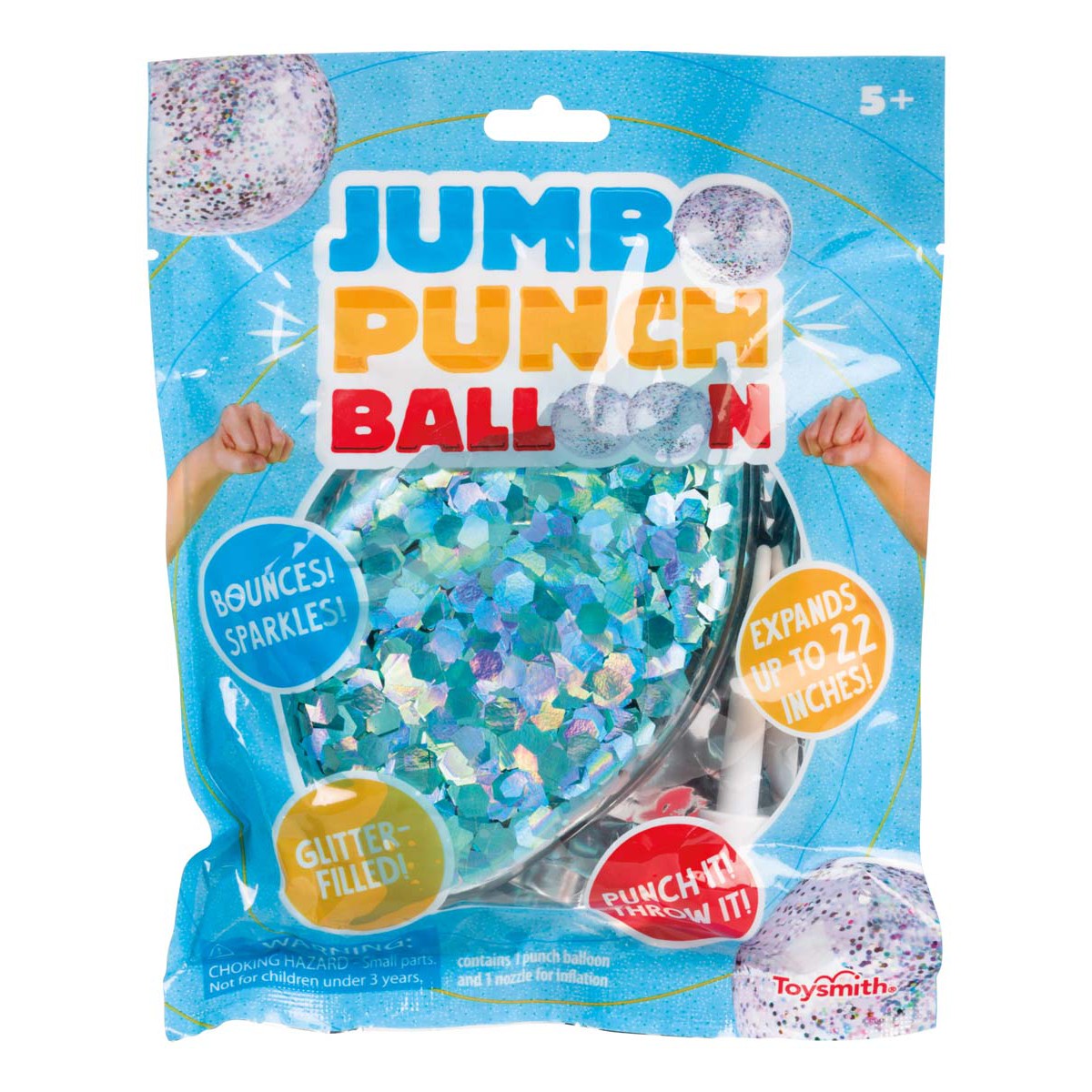 The Toysmith Jumbo Punch Balloon by Toysmith features blue and purple glitter confetti, expands up to 22 inches, and is labeled “Bounces! Sparkles!” and “Glitter-Filled!” Suitable for ages 5 and up.