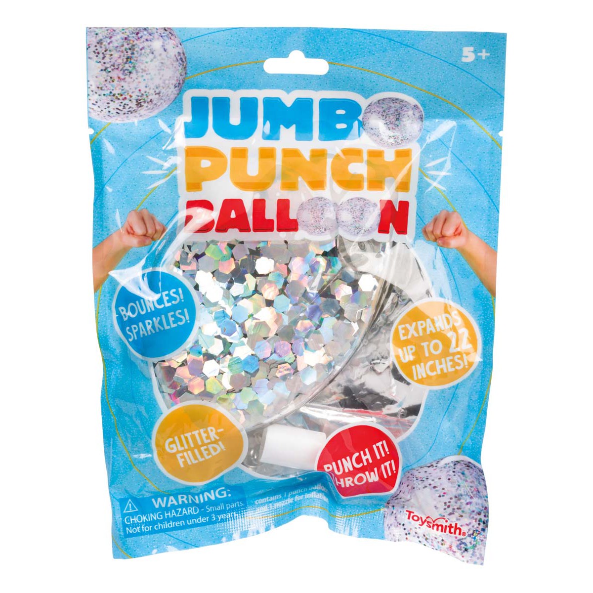 The Toysmith Jumbo Punch Balloon features colorful holographic glitter, expands up to 12 inches, and is suitable for ages 5+.