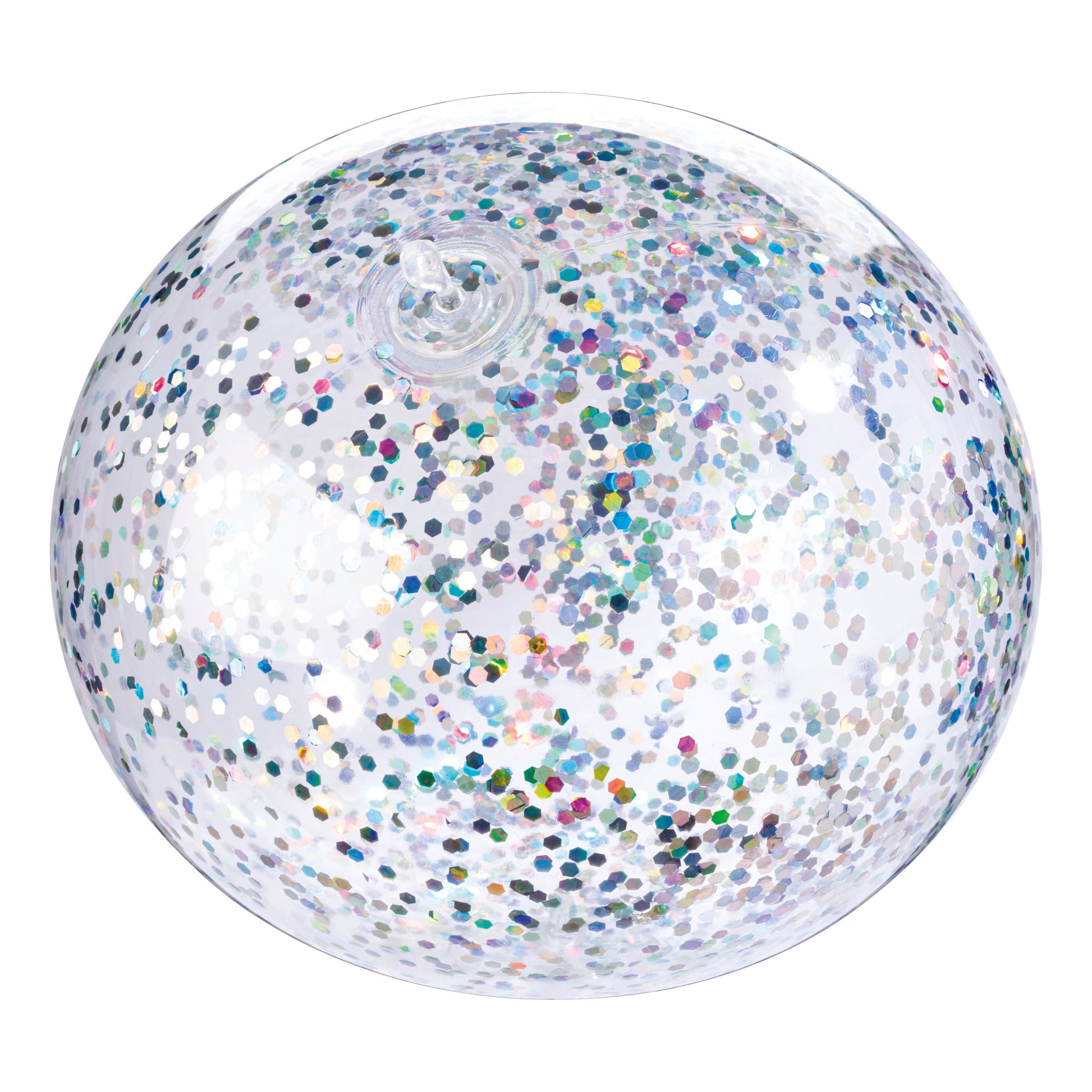 The Toysmith Jumbo Punch Balloon by Toysmith is a clear inflatable beach ball filled with iridescent, multicolored confetti dots, shown from above on a white background.