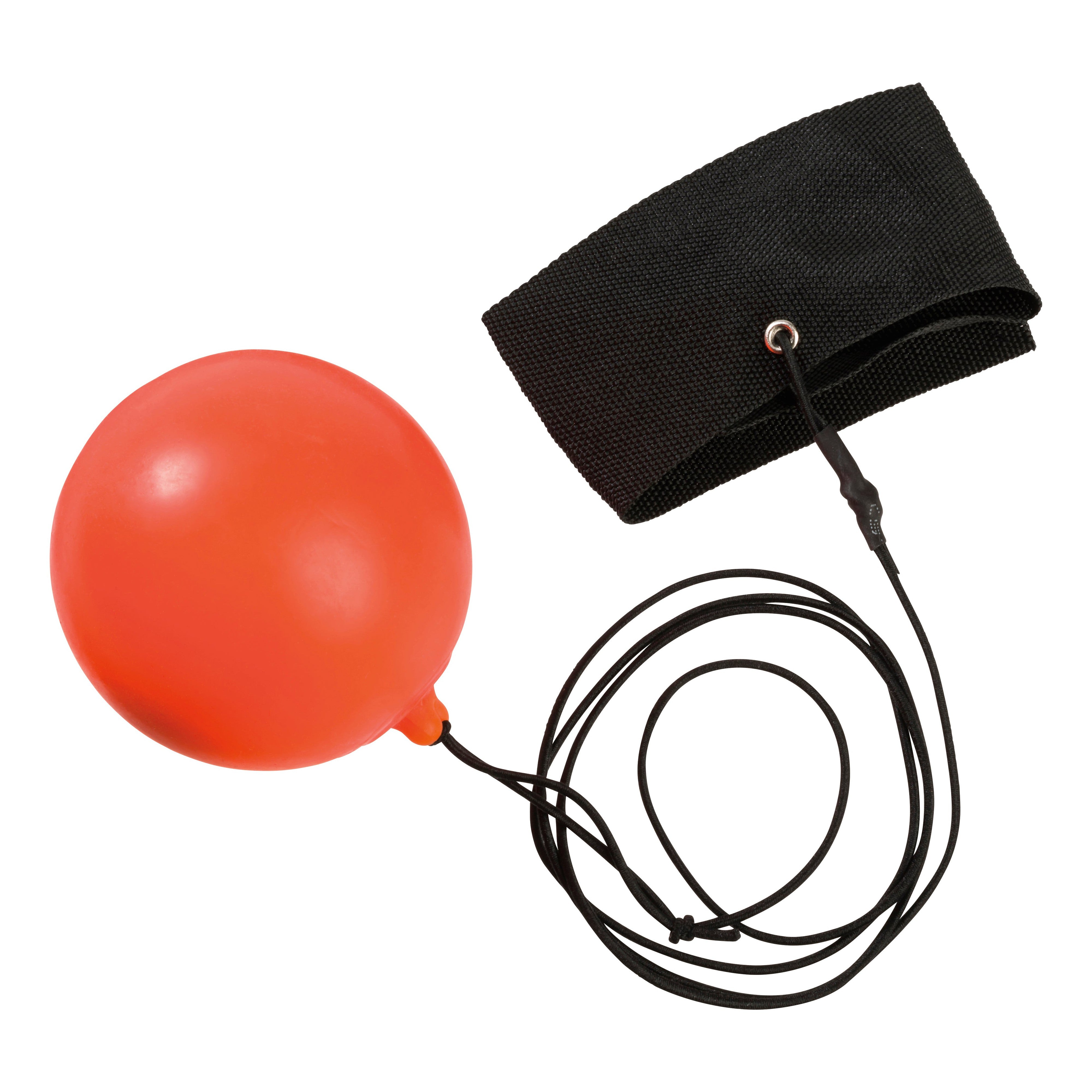 The Toysmith Squishy Rebound Ball by Toysmith features a red bouncy ball attached to a black elastic string and adjustable headband with metal grommet, perfect for kids’ active play. All items are neatly displayed on a white background.