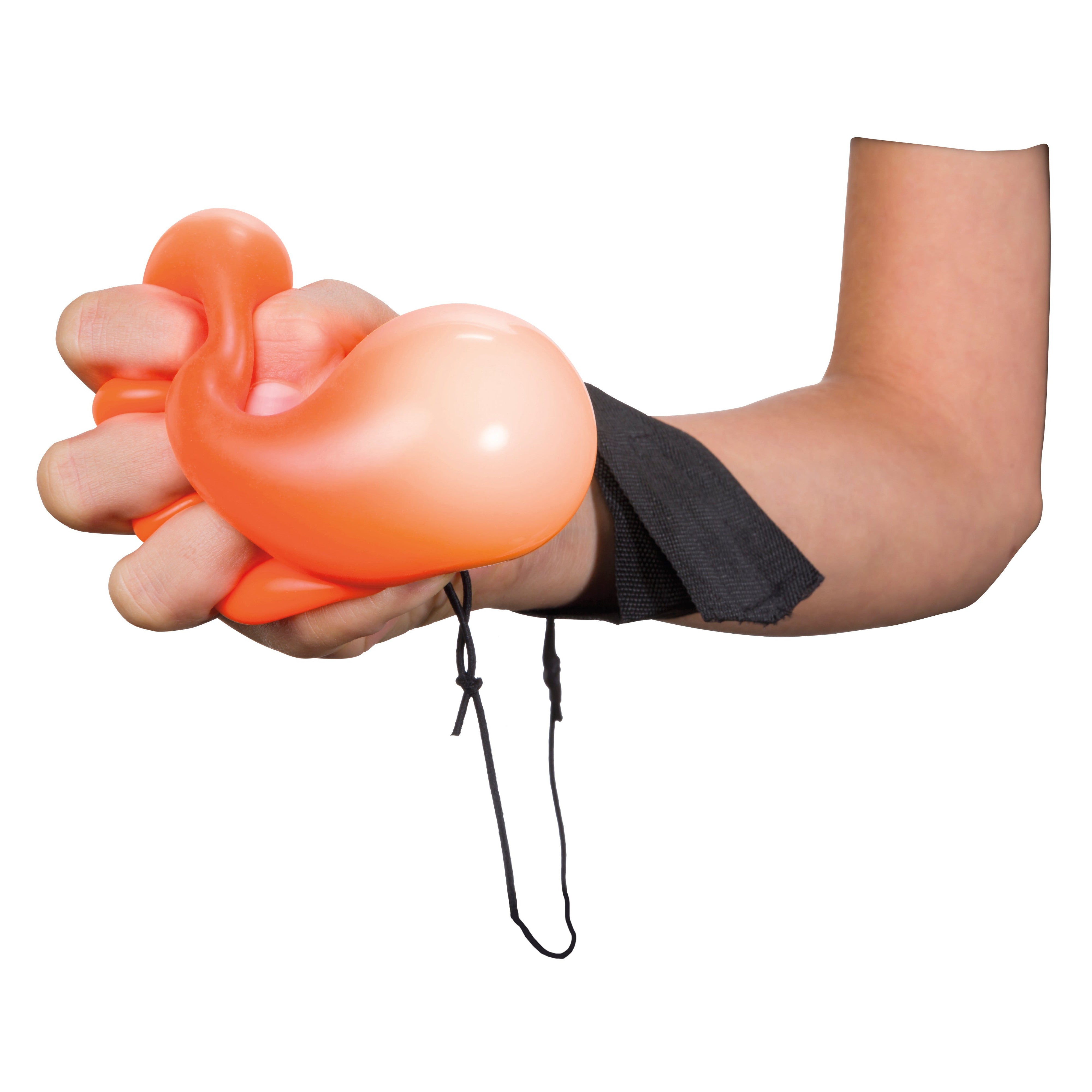 A hand squeezes the orange, stretchy Toysmith Squishy Rebound Ball with a black wrist strap against a white background—an active, fun stress toy for kids by Toysmith.