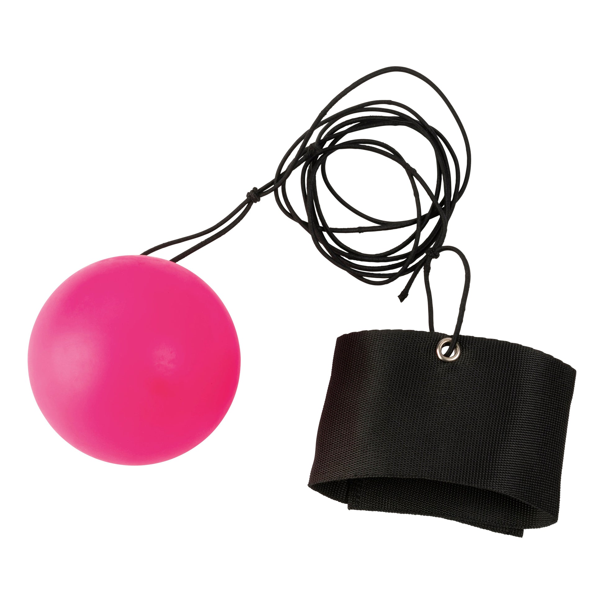 The Toysmith Squishy Rebound Ball by Toysmith is a bright pink ball attached to a long black elastic string and a black fabric wrist strap with metal grommet—an active, bouncy toy for endless kids' play.