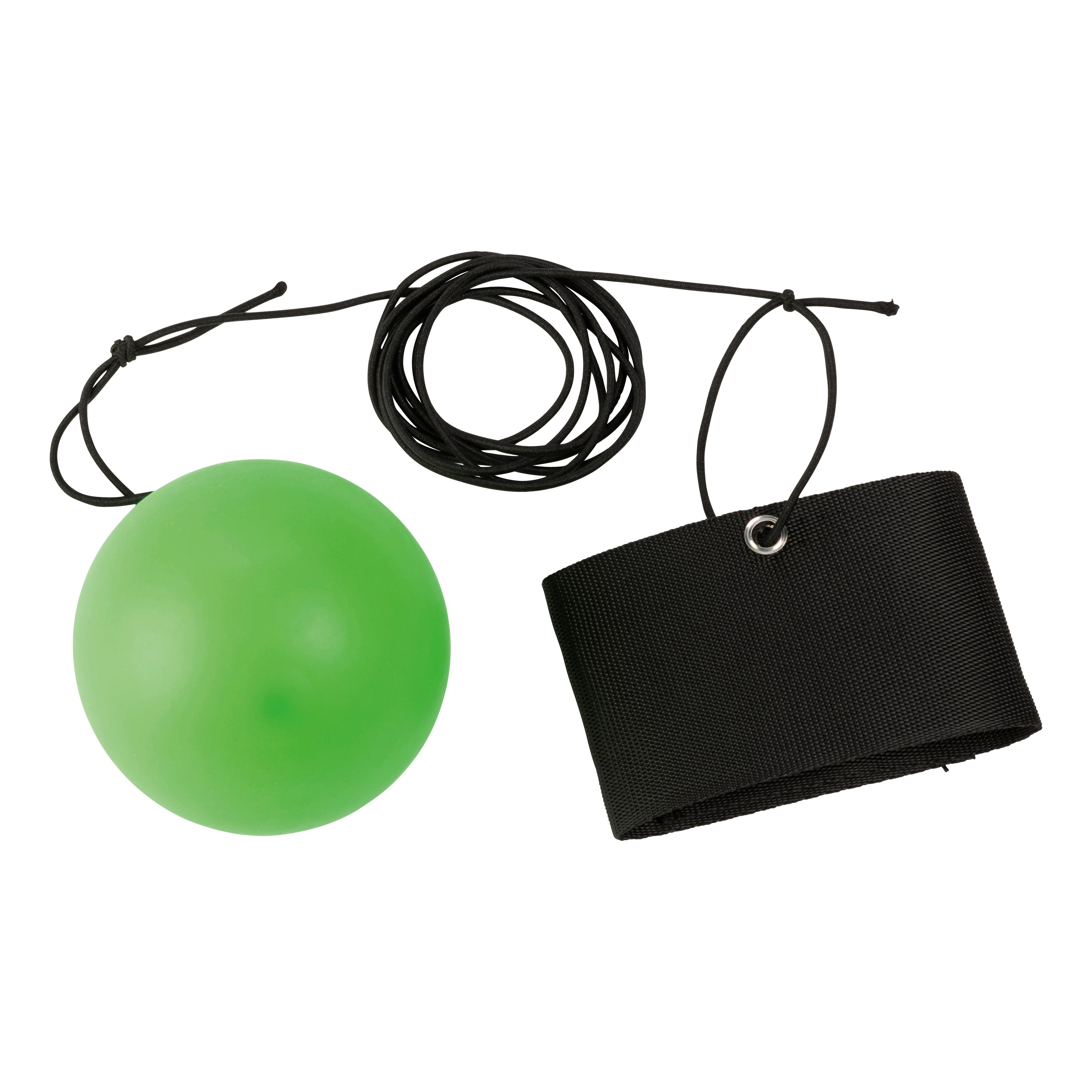 The Toysmith Squishy Rebound Ball by Toysmith is attached to a long black cord and comes with a wide black strap featuring a metal grommet—a fun, bouncy kids’ active toy.