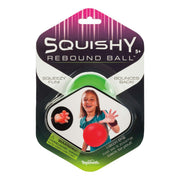 Packaging for the Toysmith Squishy Rebound Ball shows a girl catching a red ball on an elastic string. Highlights: Squeezy fun! Bounces back! For ages 5+. Brand: Toysmith.