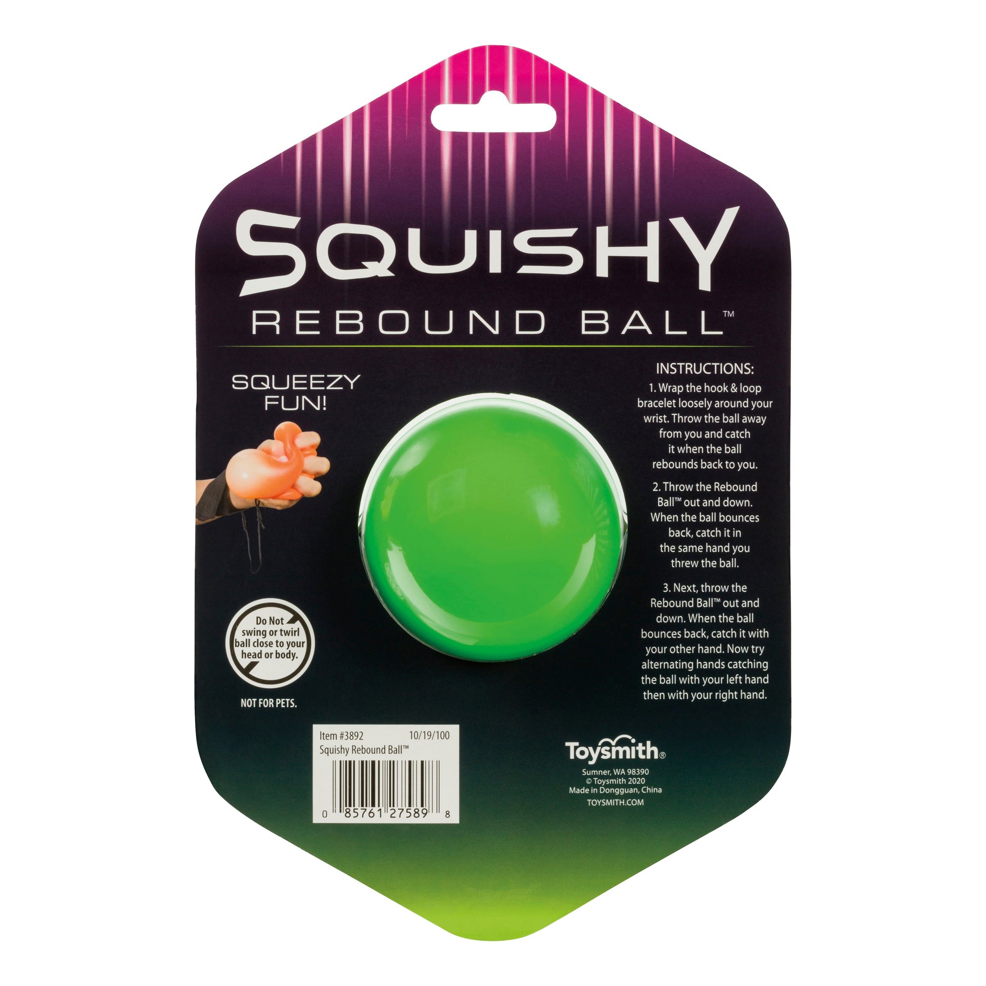Packaging for the Toysmith Squishy Rebound Ball features a bright green ball in the center, instructions on a black and purple background, and a child’s hand pictured on the left.