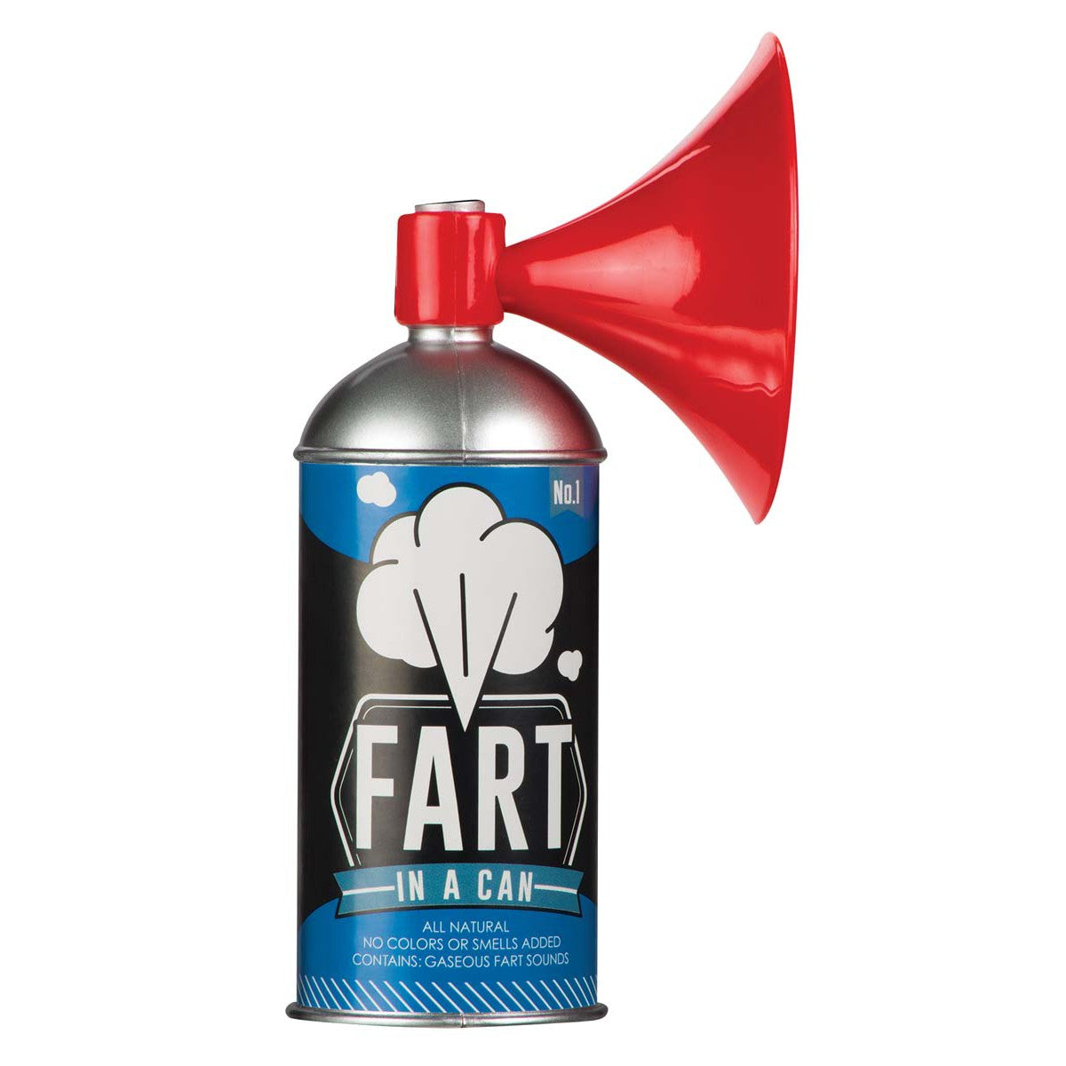 The Toysmith Fart In A Can by Toysmith is a funny practical joke toy featuring a red horn and cloud graphic label, designed to resemble an air horn and create fart noises for extra laughs.