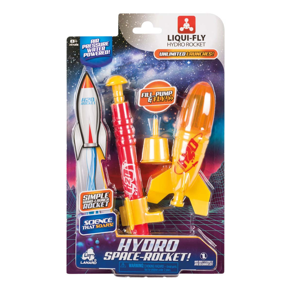 The Lanard Liqui-Fly Hydro Rocket is an air pressure-powered STEM toy for ages 8+. It includes a red and yellow pump, yellow launch base, and orange rocket in packaging with a starry background. Brand: Lanard.