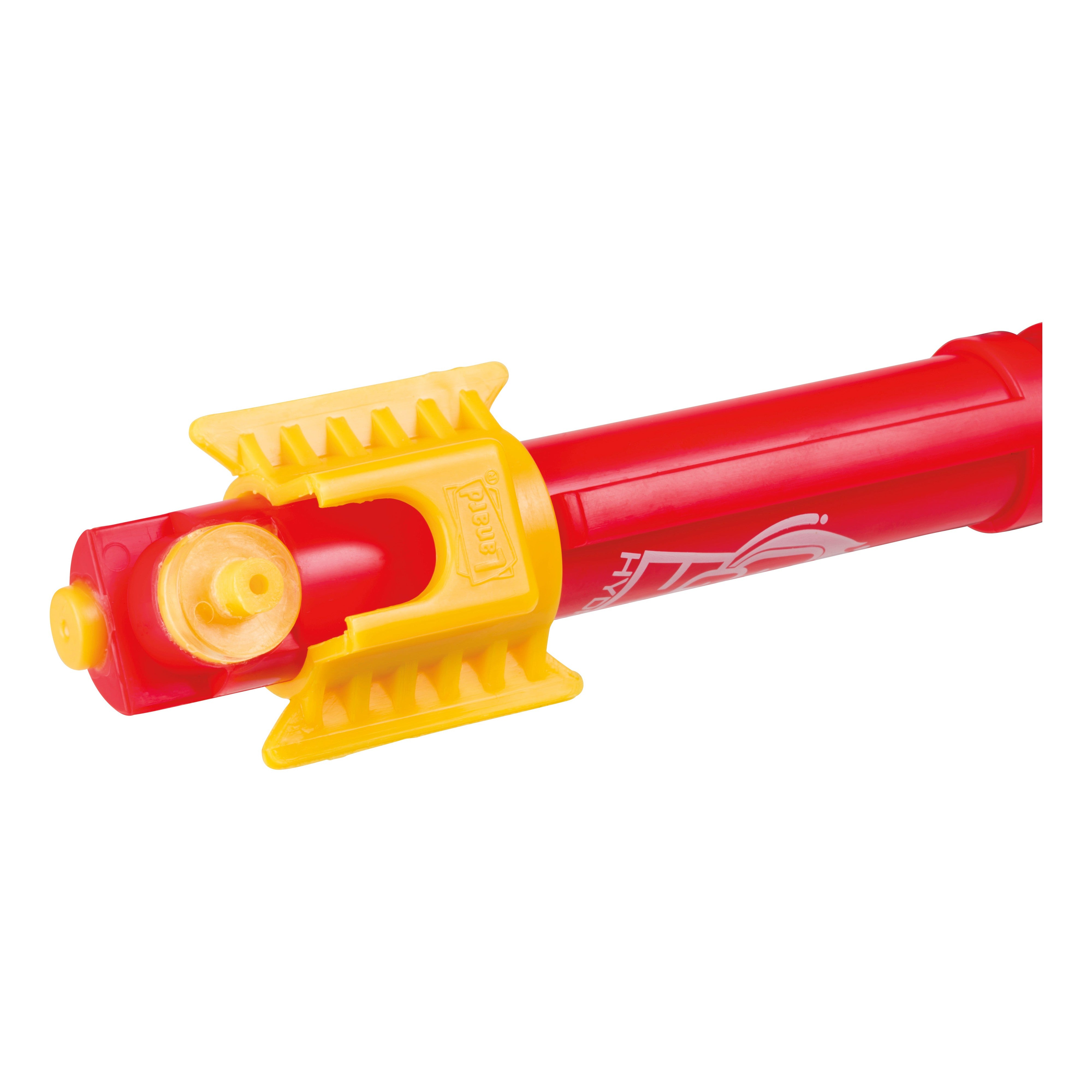 Close-up of the Lanard Liqui-Fly Hydro Rocket by Lanard, showing its red body with a rounded yellow tip and textured yellow grip—a perfect STEM toy for outdoor rocket launch fun.