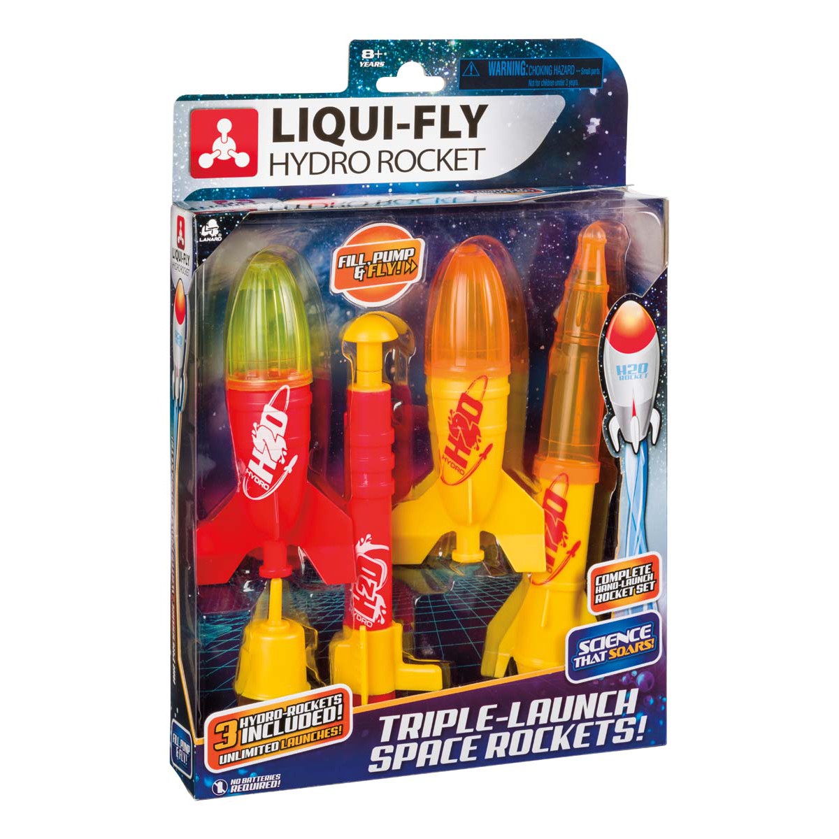 Packaging of the Lanard Dlx Liqui-Fly Hydro Rocket STEM set by Lanard, featuring three colorful rockets, a red and yellow pump, and accessories. The box highlights triple-launch outdoor fun with bold graphics.