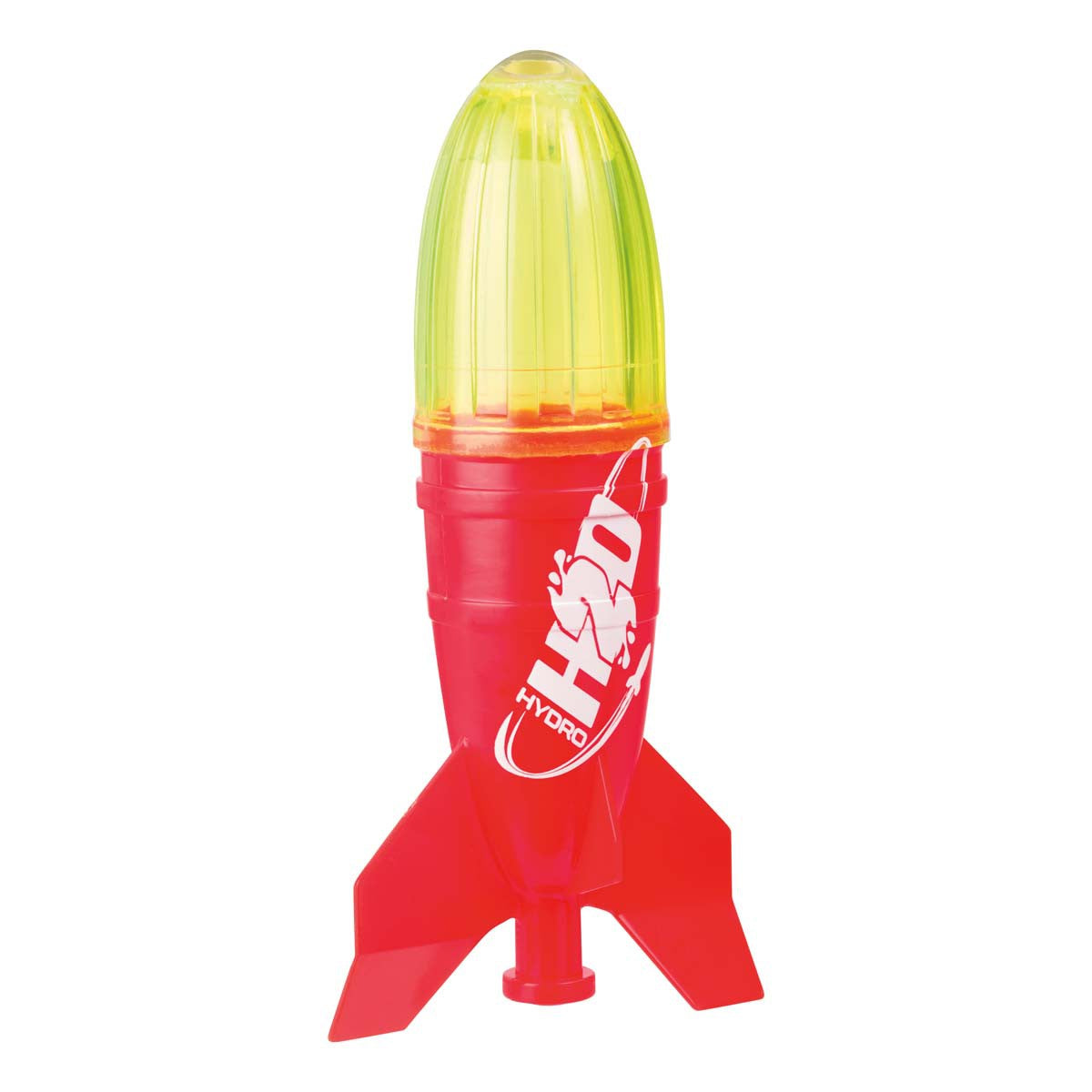The Lanard Dlx Liqui-Fly Hydro Rocket by Lanard is a red and yellow plastic STEM toy with three fins and "H2O" on the side, designed for outdoor water-powered launch fun.