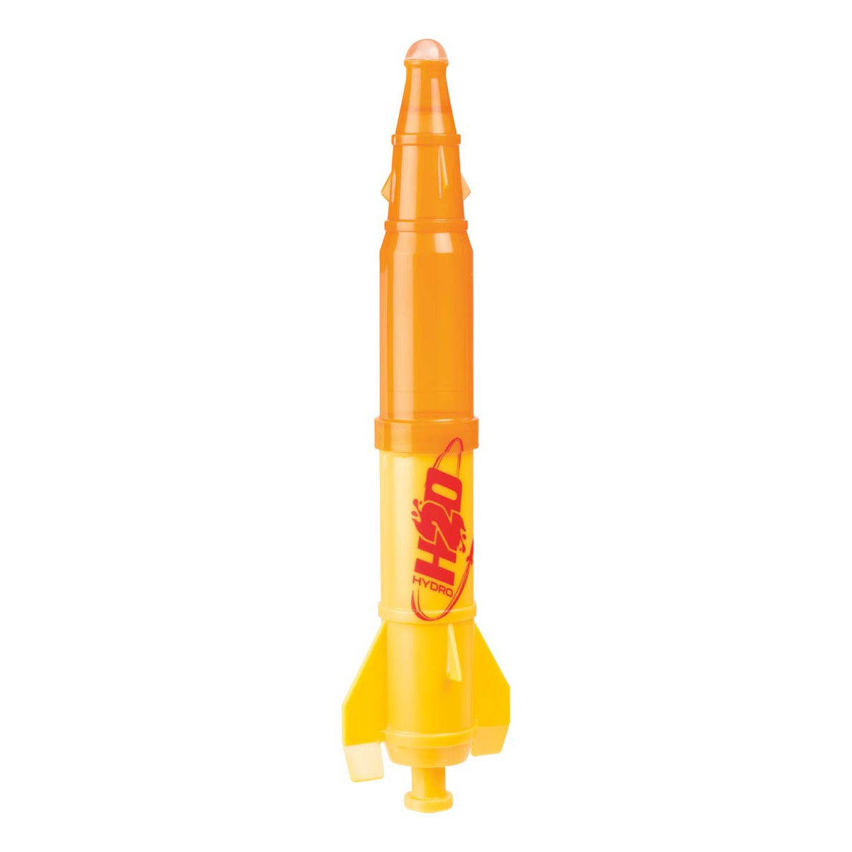 A yellow and orange plastic STEM toy water rocket with fins and pointed top, the Lanard Dlx Liqui-Fly Hydro Rocket by Lanard is perfect for outdoor rocket launch fun.