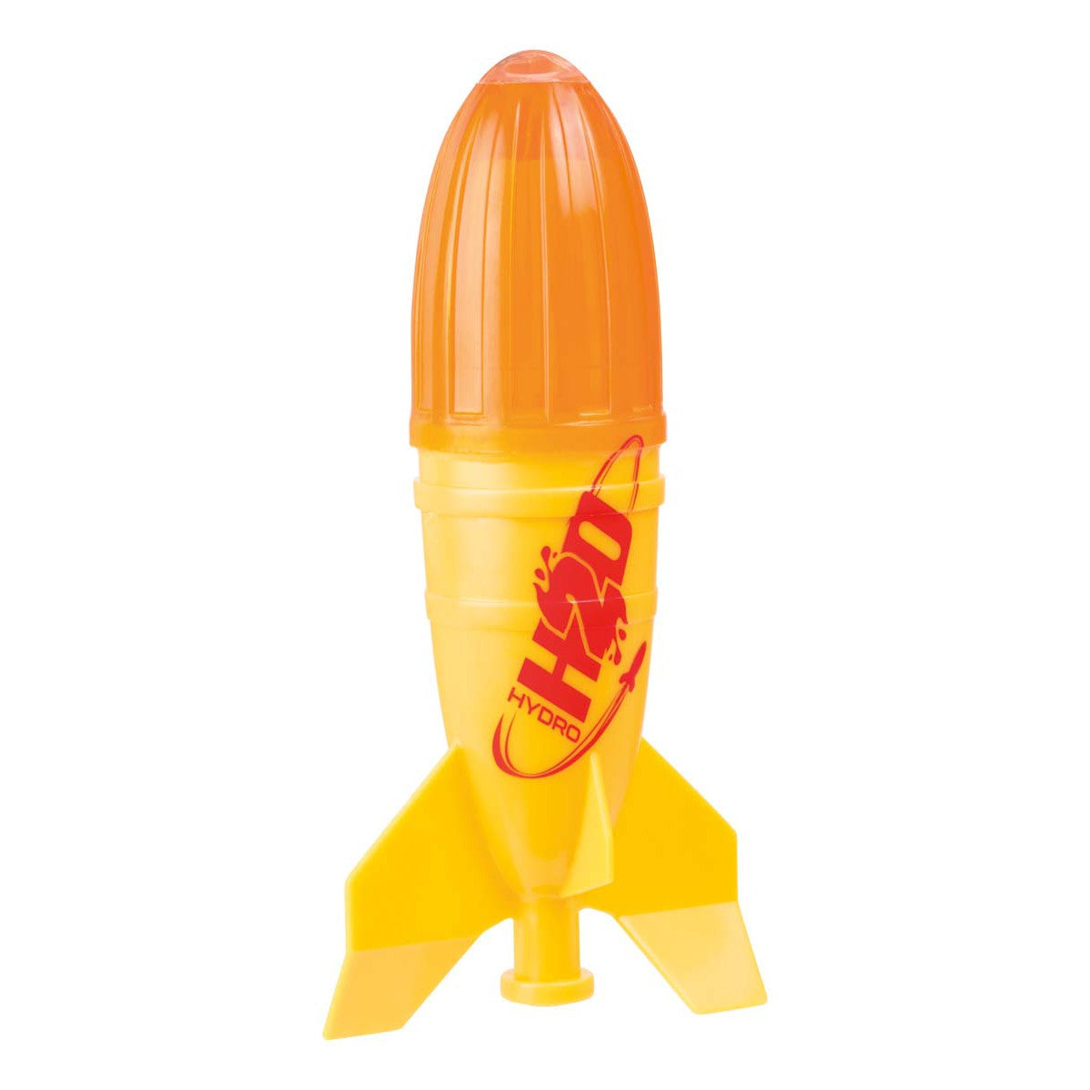 The Lanard Dlx Liqui-Fly Hydro Rocket by Lanard is a yellow and orange plastic water rocket with three fins and a rounded top, ideal as a fun outdoor launch rocket and an educational STEM toy.