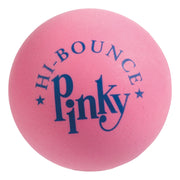 The Playground Classics Pinky Ball by Playground Classics is a pink rubber ball with "HI-BOUNCE Pinky" in blue lettering, perfect for playground games and handball.