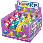 A display box of Zoomster Push And Go Racers by Zoomster features red, yellow, blue, and green cars with cartoon faces and drivers in hats. Ideal toy cars for kids 18 months and up.