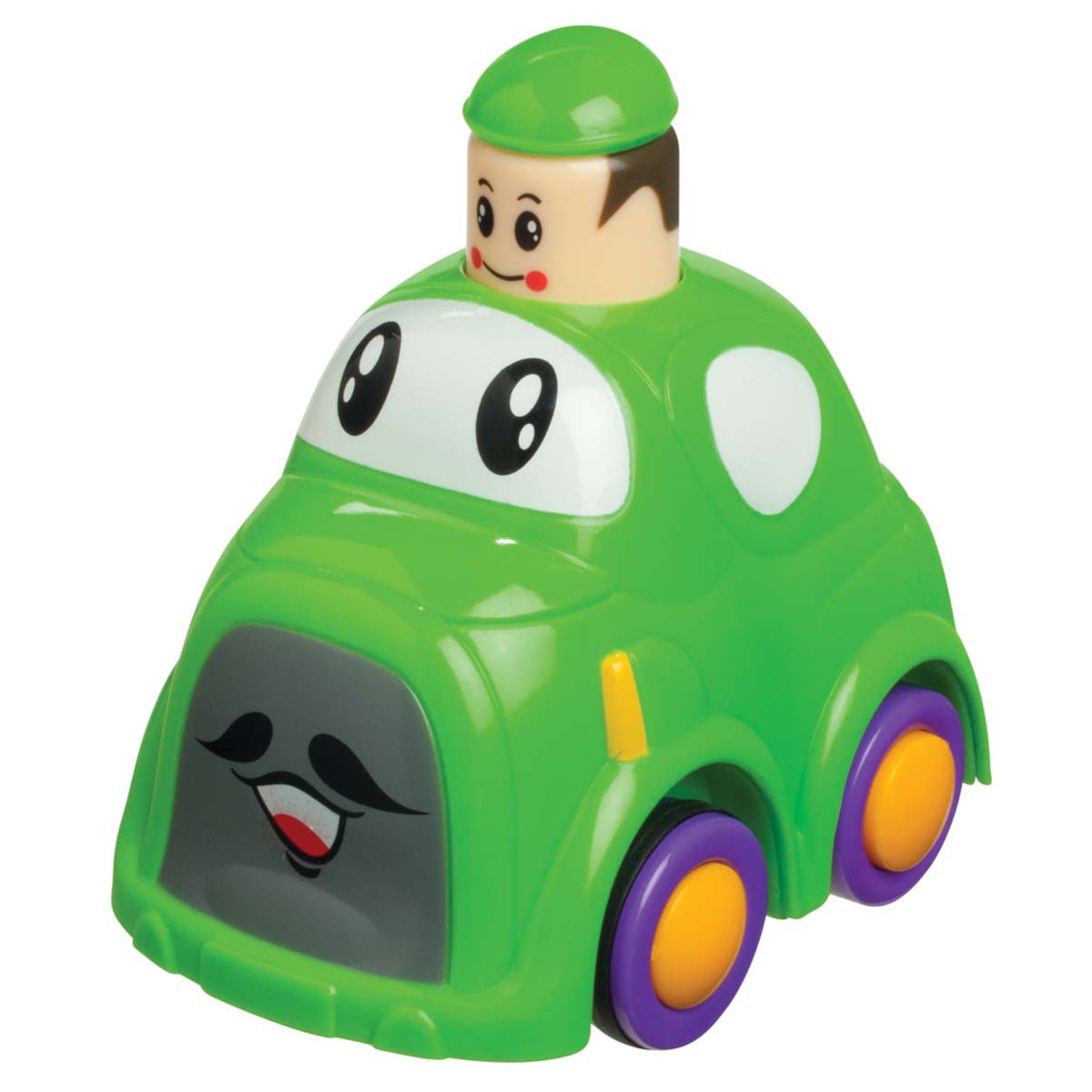 The Zoomster Push And Go Racers toy car by Zoomster is green with big cartoon eyes, a smiling front bumper, a removable figure with a green hat and rosy cheeks, and fun purple and yellow wheels.
