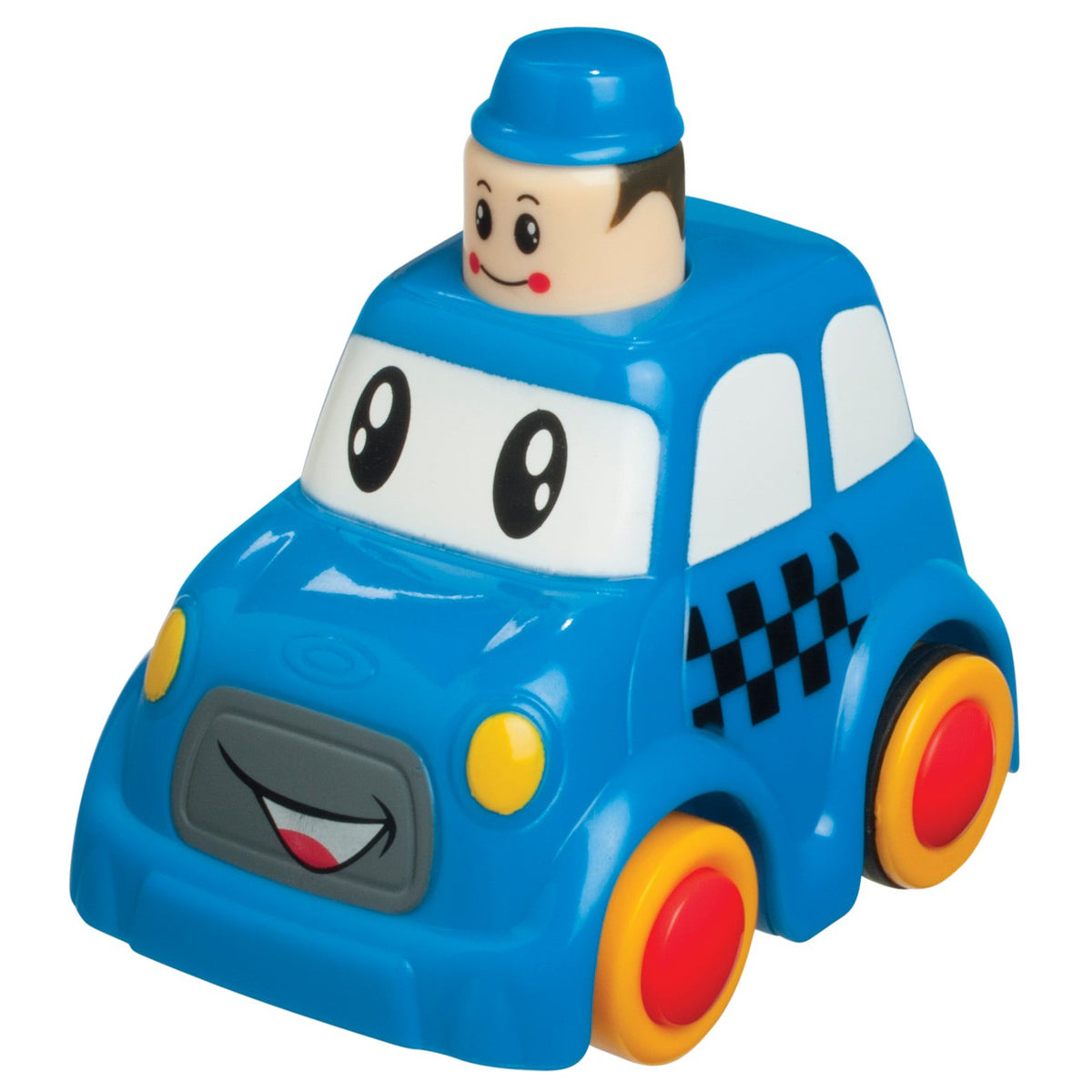 The Zoomster Push And Go Racers by Zoomster is a blue toy car with yellow headlights, red and yellow wheels, a checkered side design, a smiling driver in a blue hat, and a happy face on the front—great for kids who love cars!.