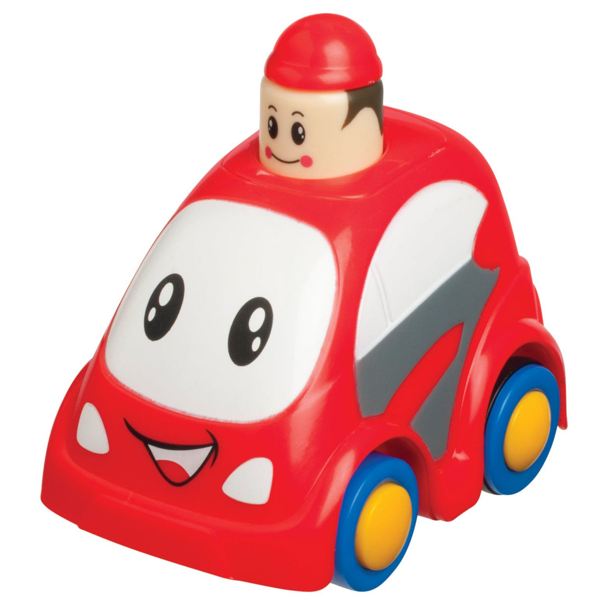 The Zoomster Push And Go Racer by Zoomster is a red toy car featuring blue and yellow wheels, a smiling front, and a detachable cartoon figure with a red hat—perfect for playful push-and-go fun for kids.