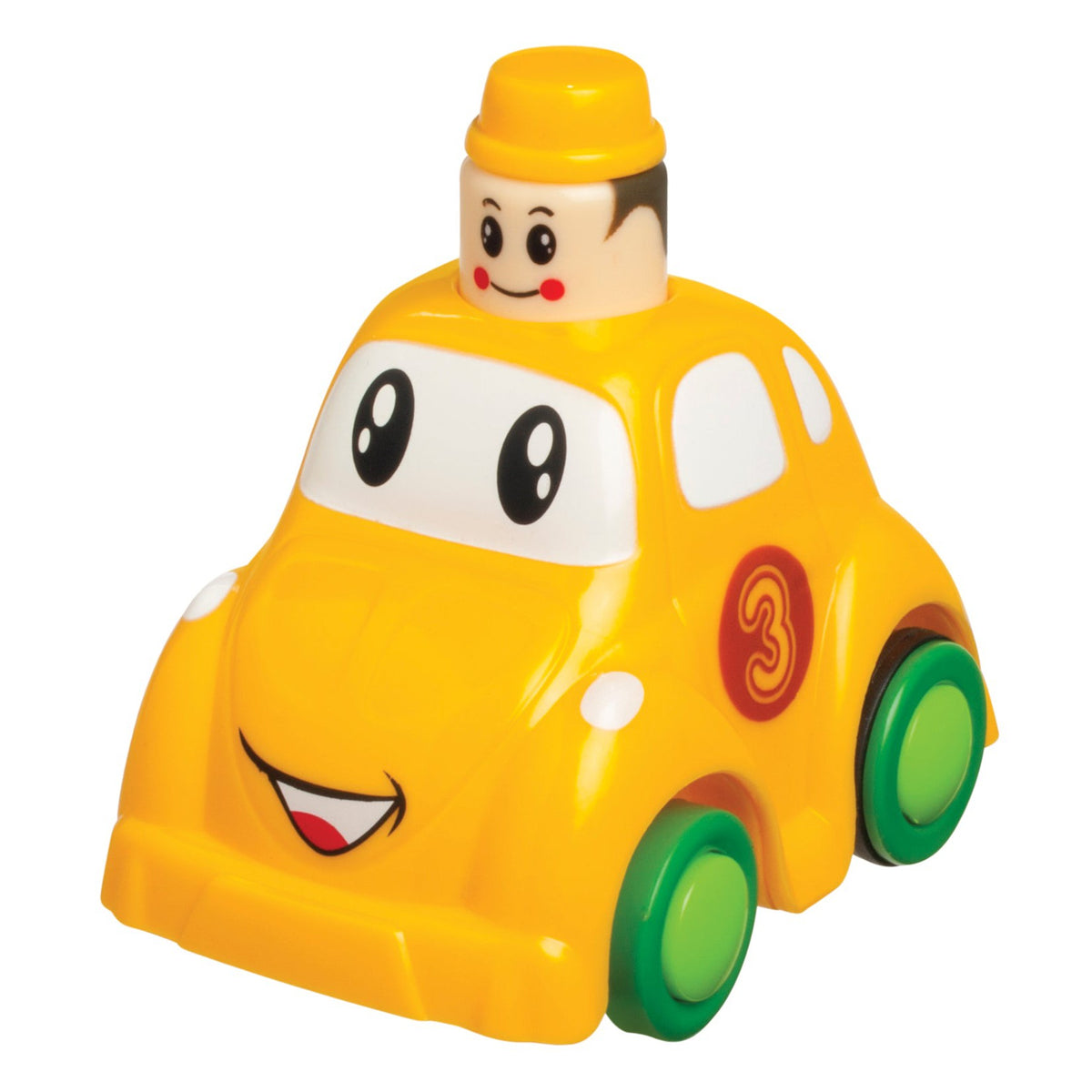 The Zoomster Push And Go Racer by Zoomster is a cheerful yellow toy car with green wheels, a smiling face, and a cartoon figure in a yellow hat on top. Featuring the number 3 on its side, it's perfect for kids who love animated car toys.