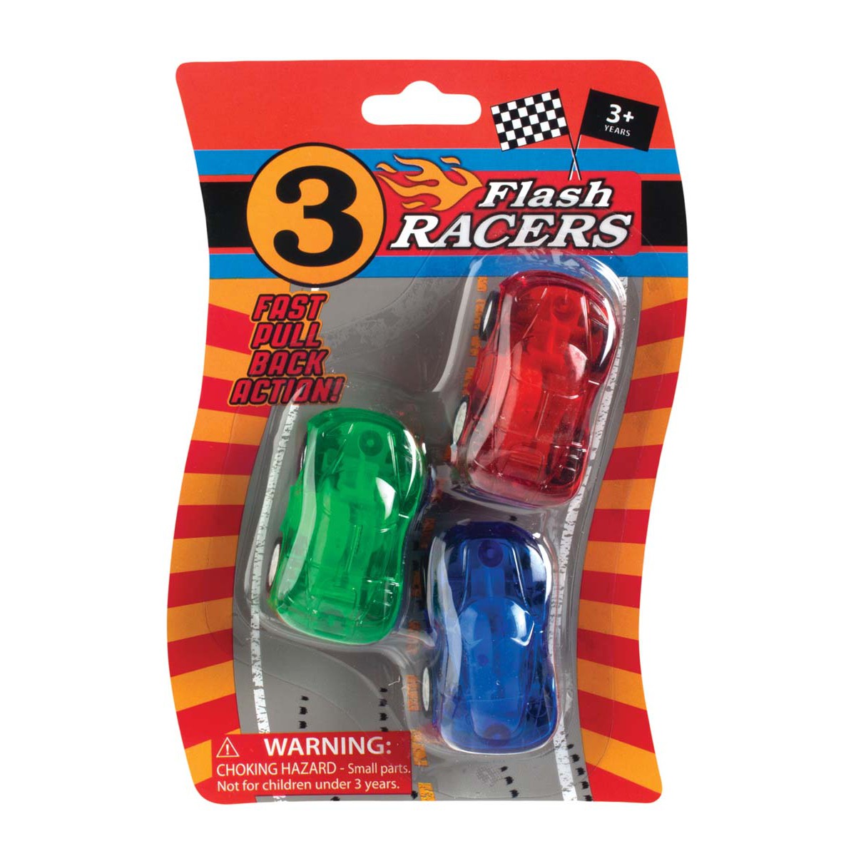 A Toysmith Flash Racers blister pack with three pull-back cars—red, green, and blue—features checkered flag graphics, fast pull-back action, flashing lights. For ages 3+. Brand: Toysmith.
