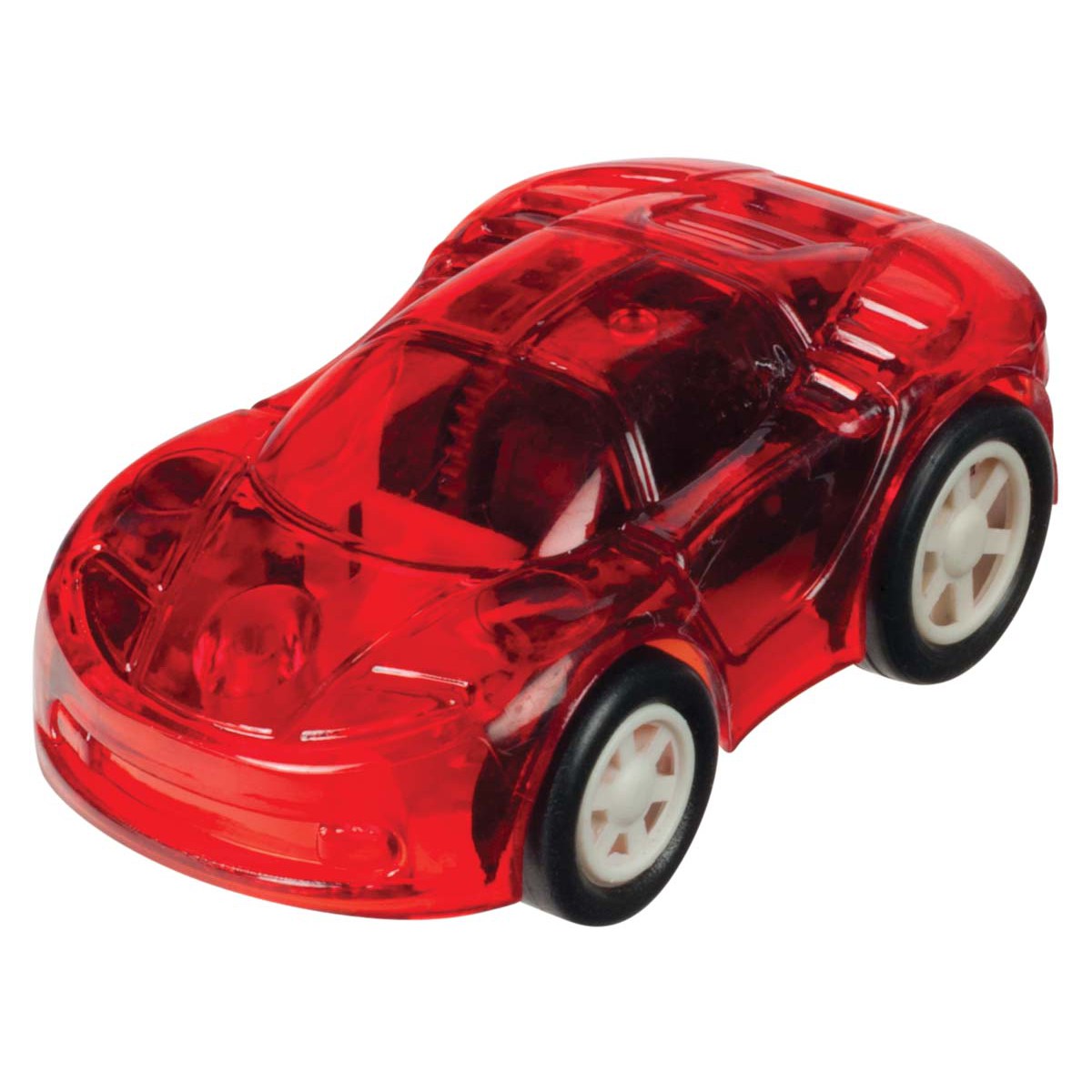 The Toysmith Flash Racers by Toysmith is a small, translucent red pull-back race car with white wheels and a sleek, sporty design, displayed against a plain white background.