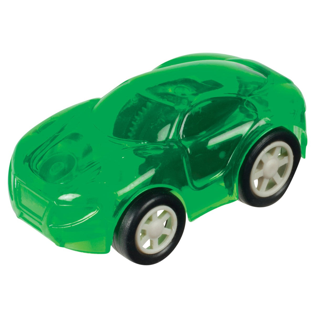 A small, translucent green Toysmith Flash Racers pull-back car with white wheels, shown from a front-side angle on a white background.
